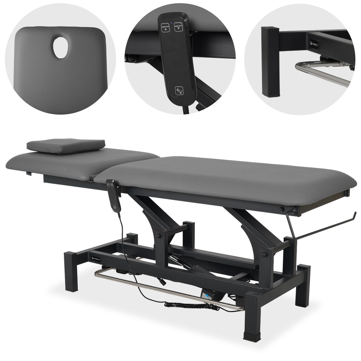 Fortis 2 treatment table, electric adjustment, foot control bar, hand remote control, head cushion, k722 gray