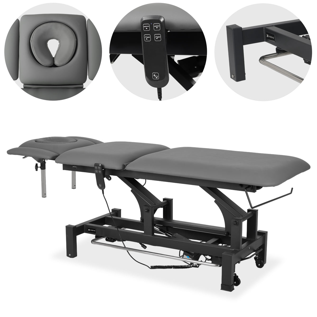 Fortis 5 ERGO treatment table, electric height adjustment with foot control bar, ERGO cushion, k722 gray