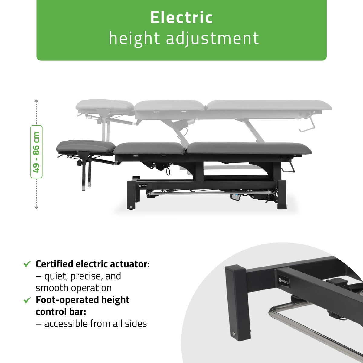 Fortis 5 ERGO treatment table, electric height adjustment with foot control bar, ERGO cushion, k722 gray