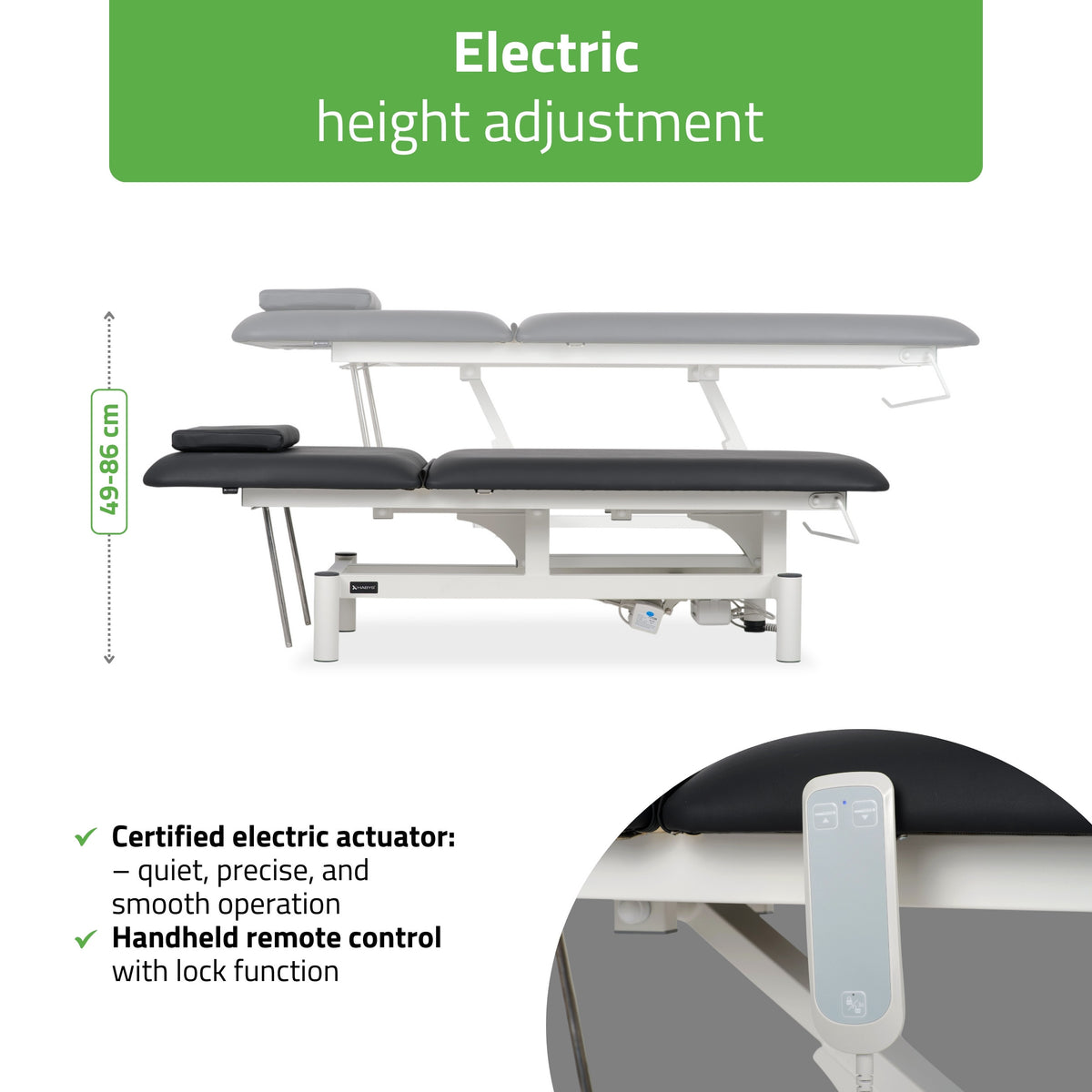 Optima therapy table, electric height adjustment with hand remote – Satin Comfort k715 black