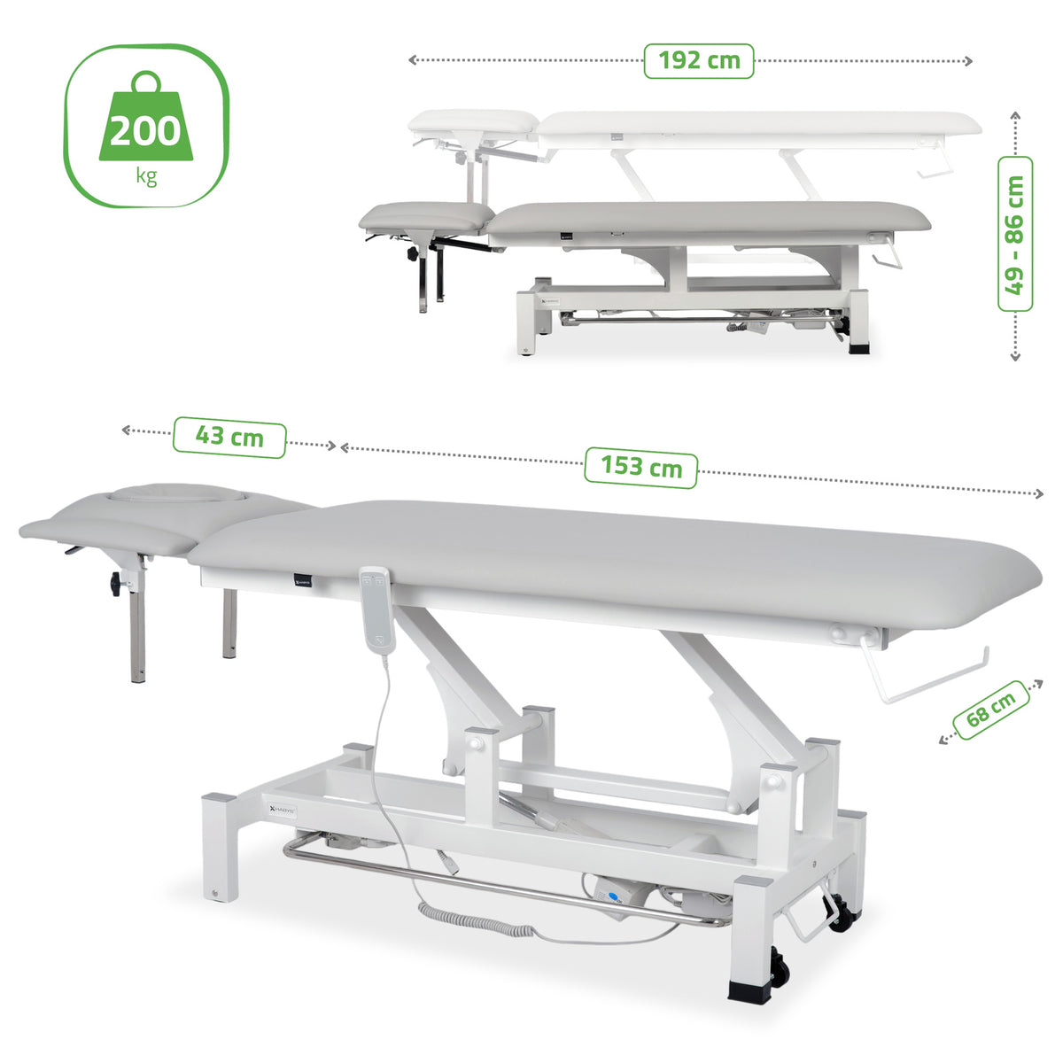 Fortis 4 ERGO treatment table, electric height adjustment with foot control bar, ERGO cushion, k729 light gray